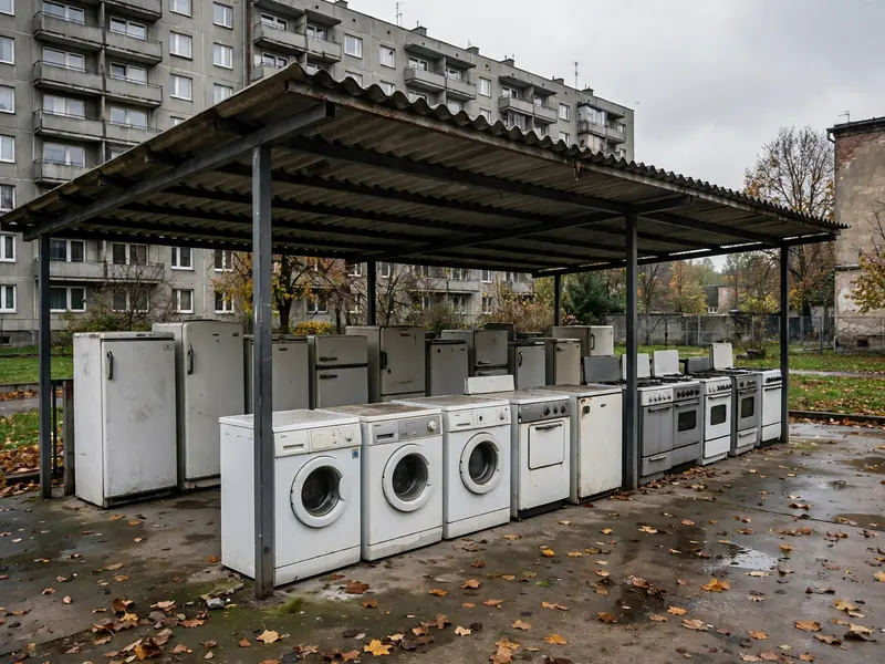 Rzędy starych pralek, lodówek i kuchenek pod wiatą punktu zbiórki odpadów